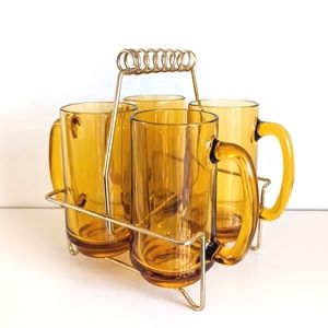 Set of 4 Vintage Beer Mugs With MCM Caddy